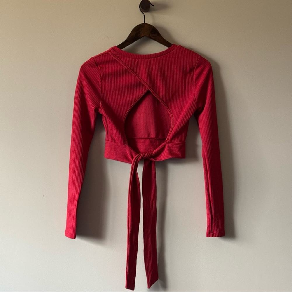 HYFVE Red Ribbed Tie-Back Long Sleeve Crop Top